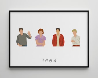 May include: A framed print featuring four illustrated figures in a row, with the year "1984" printed below. The figures are a man with brown hair wearing a green shirt, a woman with red hair wearing a purple shirt, a man with brown hair wearing a red sweater, and a man with blonde hair wearing a white shirt.