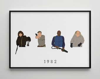 May include: A black and white illustration of four men in a row. The men are wearing winter clothing and holding various weapons. The text "1982" is below the men.
