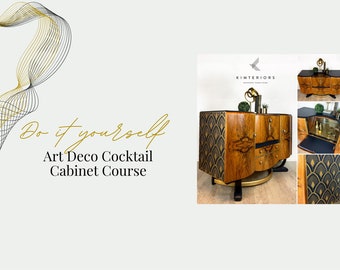 May include: A refurbished Art Deco cocktail cabinet with a black and gold geometric design. The cabinet has a mirrored interior and a black top. The cabinet is on a gold base. The text "Do it yourself Art Deco Cocktail Cabinet Course" is visible in the image.