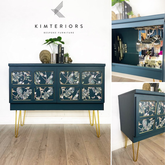 Blue Teal and Peacock Nathan Mid Century Cocktail Cabinet and