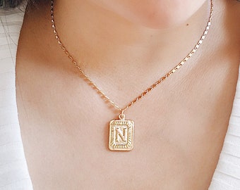 Gold Initial Letter Pendant Necklace, Square Alphabet Rectangle Medallion Pendant, Personalized, Boho, Chunky Curb Chain