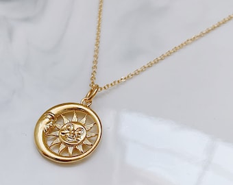 Gold Sun and Moon Necklace: 24k Plated Celestial Zodiac