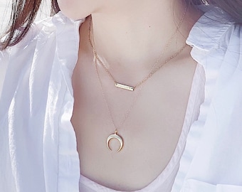 Collar de luna creciente, collar de oro, regalo de dama de honor, collares para mujeres, collar de doble cuerno, collar delicado, regalos de cumpleaños para ella