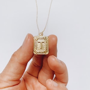 Gold Initial Buchstabe Anhänger Halskette, Quadrat Alphabet Rechteck Medaillon Anhänger, Personalisiert, Boho
