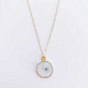 Geode Necklace, Solar Quartz Necklace, Small Round White Green Necklace, Healing Crystal, Natural Gem Geode Slice, Raw Quartz