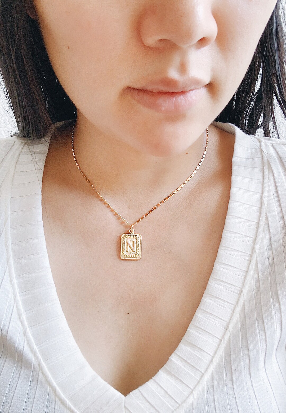 Gold Initial Letter Pendant Necklace, Square Alphabet Rectangle ...
