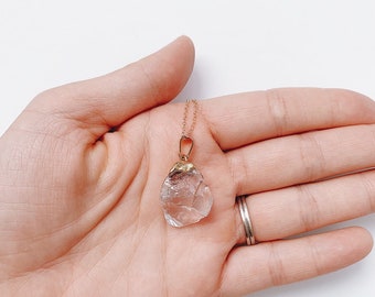 Raw Clear Quartz Pendant Necklace: 14k Gold Filled Chain