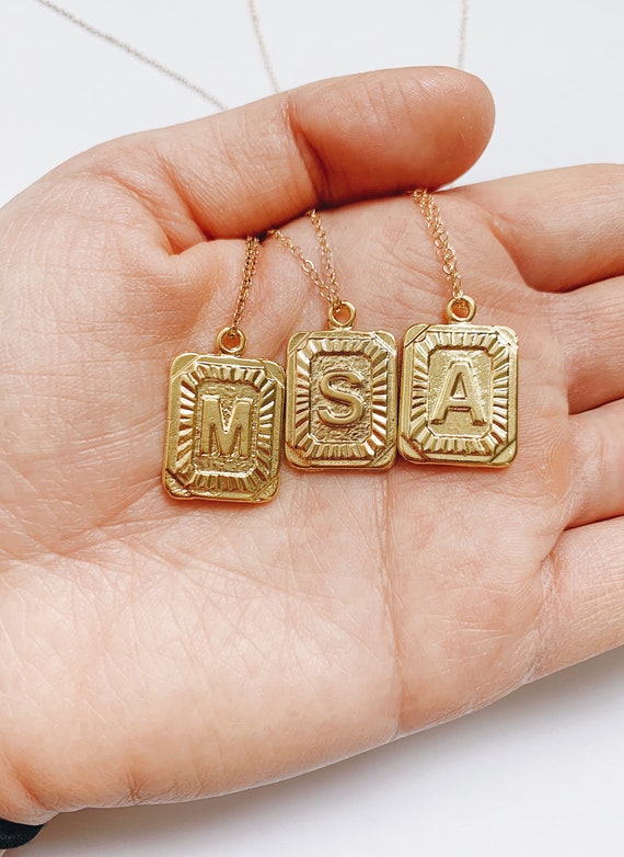 Silver Initial Letter Pendant Necklace \ufe33Square Alphabet Rectangle Medallion Pendant \ufe33Boho Vintage Square Necklace Unisex Gift for Women Men