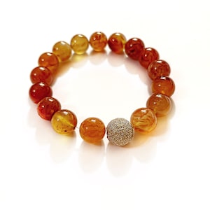 10mm Carnelian Bracelet | Gold Bead Carnelian Gemstone| Healing Crystal Stretch Bead Bracelet | Men Women | Red Semi Precious | Meditation