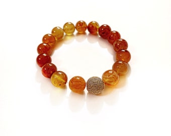 10mm Carnelian Bracelet | Gold Bead Carnelian Gemstone| Healing Crystal Stretch Bead Bracelet | Men Women | Red Semi Precious | Meditation