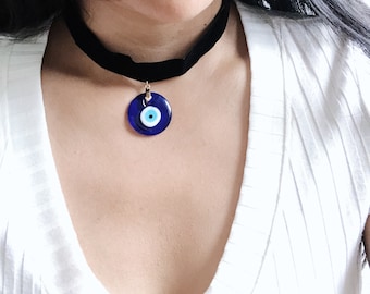 Evil Eye Charm Choker: Blue Eye Pendant, Adjustable Nylon Belt