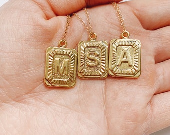 Gold Initial Letter Pendant Necklace, Square Alphabet Rectangle Medallion Pendant, Personalized, Boho