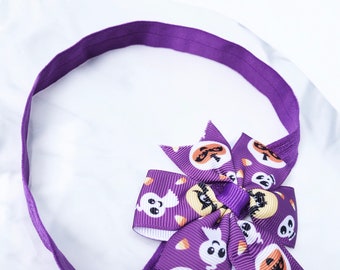 Diadema de Halloween para bebé: lazo de calabaza y fantasma, tela elástica morada