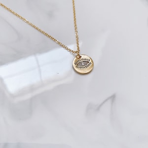 24k Gold Evil Eye Charm Necklace, Gold Evil Eye Coin Necklace, Gold Eye of Protection Necklace, Dainty Necklace, Delicate Jewelry,Coin Charm