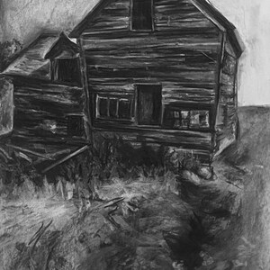 Maison abandonnée, dessin au fusain, de mauvaise humeur, noir et blanc