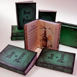Pu&ograve; includere: Mini libri con copertine verdi e il titolo "Book of Potions" in un carattere ornato. Un libro &egrave; aperto, rivelando illustrazioni di libellule e una bottiglia di pozione. I libri sono disposti su una superficie bianca.