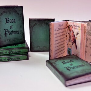 Pu&ograve; includere: Miniature libri verdi "Book of Potions" con copertine invecchiate e strutturate. Un libro &egrave; aperto, rivelando pagine illustrate con testo e un disegno di un uccello e una bottiglia di pozione. I libri sono impilati e disposti su una superficie bianca.