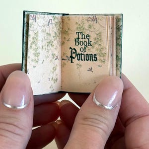 Pu&ograve; includere: Un libro in miniatura aperto intitolato "The Book of Potions". Le pagine hanno un'estetica vintage con illustrazioni botaniche. La copertina &egrave; verde scuro. Il libro &egrave; tenuto tra due mani.