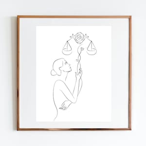 Black & White Libra Zodiac Art, Libra Line Art Poster, Astrology Home Decor, Minimalist Modern Wall Art, Digital Print, Libra Woman Gift