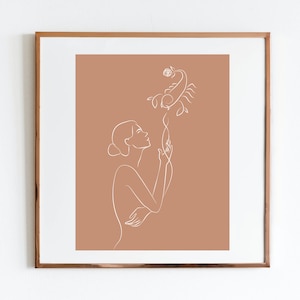 Digital, downloadable, minimalist art piece of a Scorpio woman and her iconic symbol that comes in 5 different colors: crème, blush pink, burnt orange, beige, and tan