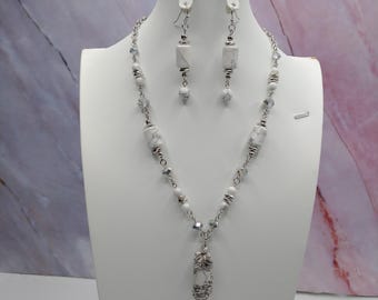 Handmade Beaded Necklace Set, Magnesite Beads, Antique Silver, Matching Earrings
