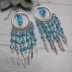 Hand Crafted Beaded Chandelier Earrings, 3&quot; Long,Turquoise Colored Glass Beads, Antique Silver Tone