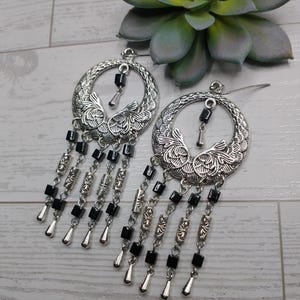 Black Beaded Bali Style Chandelier Earrings, 3 1/2&quot; Long,Glass Cube Beads,Antique Silver Tone