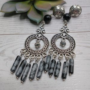 Hand Crafted Chandelier Beaded Earrings, 3 1/4&quot; Long,Snowflake Obsidian Beads,Antique Silver Tone