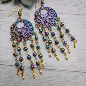 Bali Style Beaded Chandelier Earrings,Rainbow Connector,Glass Beads,Gold-Rainbow
