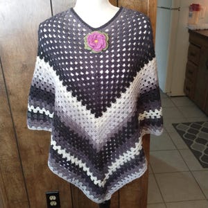 Granny Stitch Poncho,Black,Gray and White,Soft Acrylic Yarn,Crocheted Flower