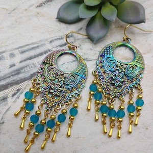 Hand Crafted Beaded Rainbow Chandelier Earrings, 3 3/4&quot; Long,Turquoise Colored Beads,Gold Tone