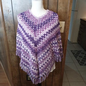 Granny Stitch Fringed Poncho,Very Soft Acrylic Yarn,Purple Ombre