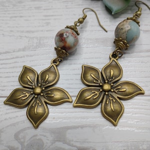 Hand Crafted Chandelier Earrings, 3 1/2&quot; Long, Jasper Beads,Antique Bronze Tone Findings