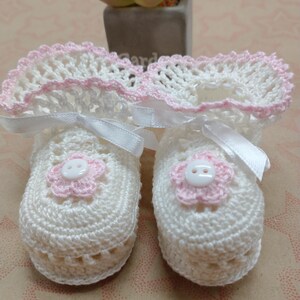 Infant Girl White and Pink Booties,Cotton Thread