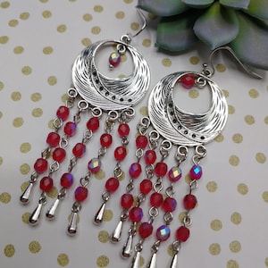 Hand Crafted Beaded Chandelier Earrings, 3&quot; Long,Red Glass Beads,Antique Silver Tone