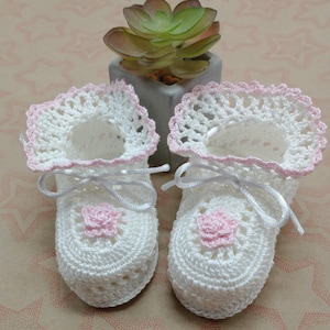 Infant Girl White and Pink Booties,Cotton Thread