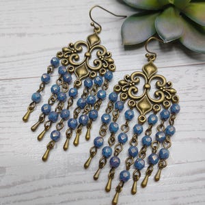 Bali Style Chandelier Earrings: Blue Czech Glass Beads, Antique Bronze