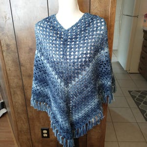 Granny Stitch Fringed Poncho,Very Soft Acrylic Blue Ombre Yarn