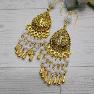 Bali Style White Beaded Chandelier Earrings, 3 1/4&quot; Long,Glass Beads,Gold Tone
