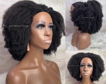 18” 250 % densitet, 3-i-1 4c krullande halvperuk av äkta hår - Kinky krullande afroperuk för svarta kvinnor