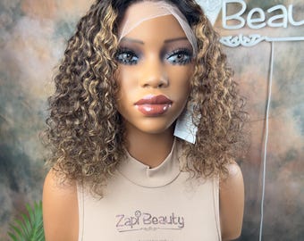 12” 13x4 Balayage Djupt Lockigt Äkta Hår Frontal Peruk: Transparent Spets,