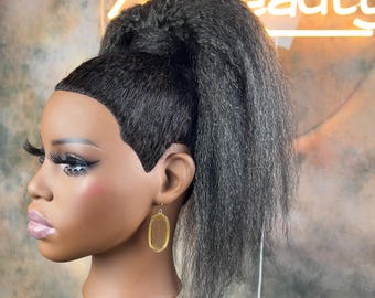 14” Grå Grå Silver Salt och Peppar Kinky Rakt Omlott Hästsvans | 100 % Äkta Hår