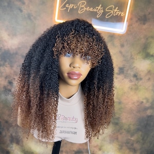 Kinky Curly Fake Scalp Bang Wig. Wig with fake scalp, Wig with bangs, Fringe Wig. Human hair Wig