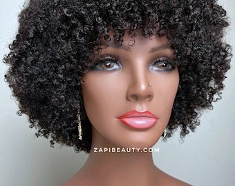 Perruque naturelle courte, bouclée, C, style afro avec cuir chevelu artificiel