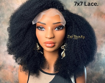 Perruque courte de cheveux humains afro crépus bouclés de densité 300%. Perruque frontale 13x4. Perruque à fermeture 4x4.