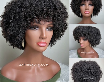 Kort, lockig peruk med äkta hår, afrofrisyr och falsk hårbotten