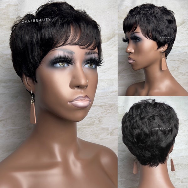 Short Pixie Cut, Tapered Cut Natural Straight Remy Human Hair Wig for women, Short Human Hair Wigs for black women. Ready to ship