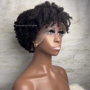 Tapered Cut Short Kinky Coily 4b 4c 13x4 Frontal Human Hair Wig for black women. Short Curly Tapered Wig.