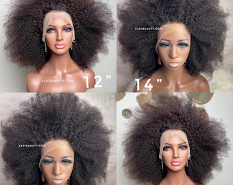 Kort afro- och kinky-lockigt peruk med äkta hår, 300 % densitet, spetsfront. 13x4 frontal peruk. 4x4-stängning.