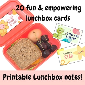 Può includere: Un set di 20 biglietti per la scatola del pranzo stampabili con messaggi positivi e illustrazioni colorate. I biglietti presentano frasi come "Sono così orgoglioso di te!" e "Sei una stella!"